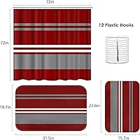 Vista 2 de ArtSocket Juego de baño rojo con cortina de ducha y alfombras y accesorios, juego de cortina de ducha gris a rayas burdeos, decoración moderna