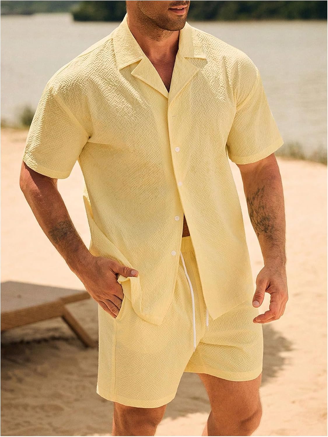 SHENHE Men's Hawaiian Beach 2 Piece Outfits Short Sleeve Button Down Shirt and Shorts Vacation Set
