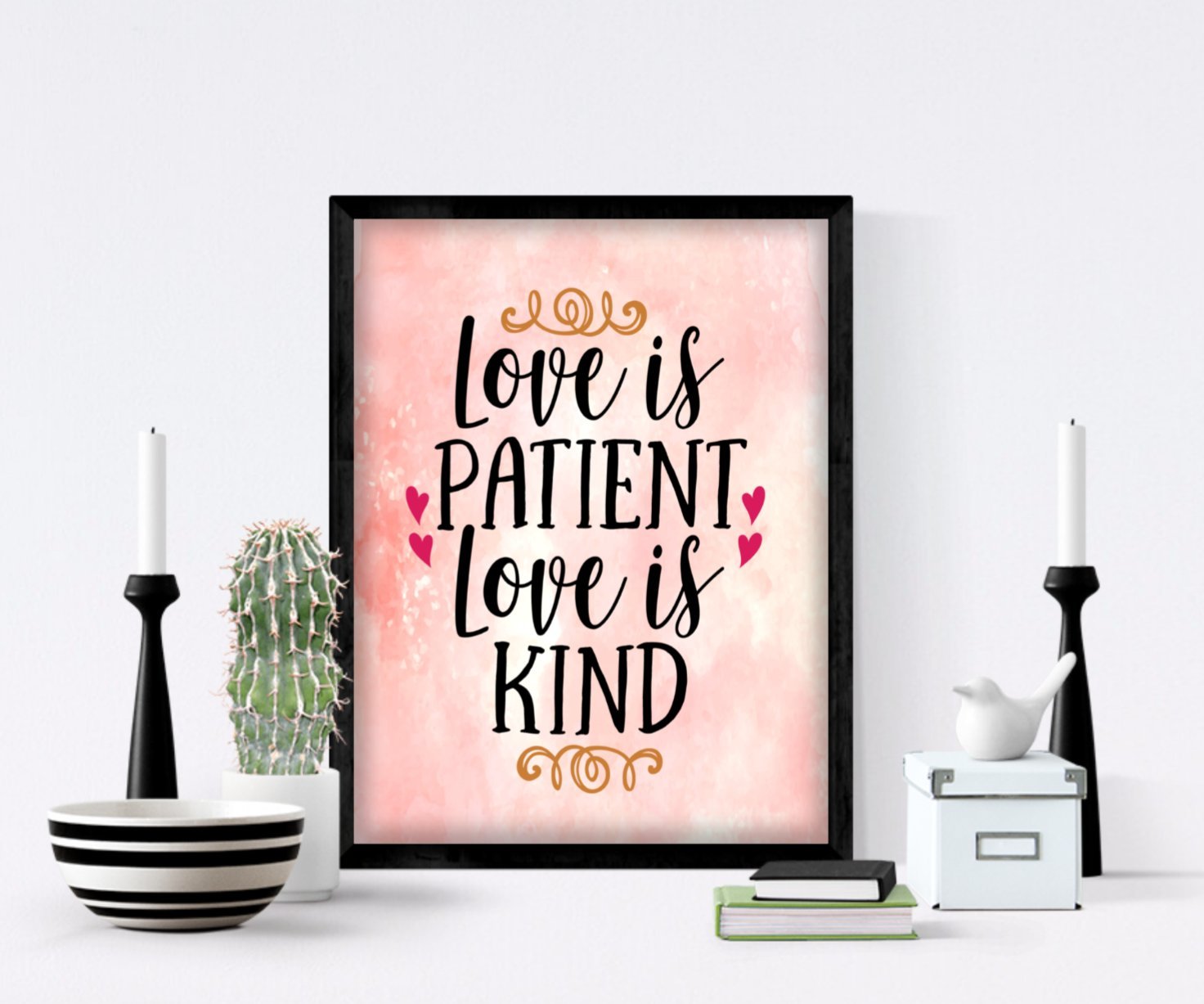 Love is Patient Love is Kind Valentine's Day Pink Red Heart Home Decor 8x10 Unframed