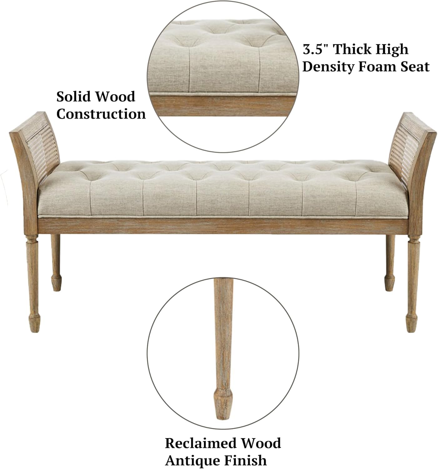Martha Stewart Isla Entryway Accent Bench for Living Room Bedford Collection, Tufted Seat, Cane Side Frames, Farmhouse Bed End Bench for Bedroom, Indoor Seating, Reclaimed Finish, 48.5" Wide Natural