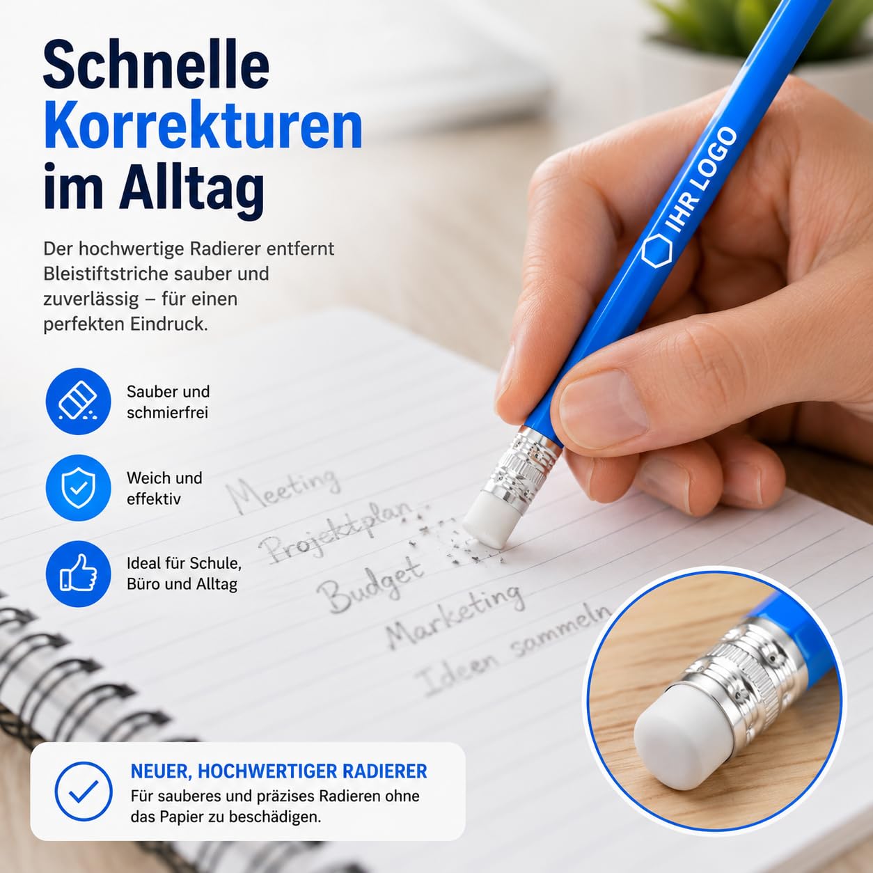 WPRO Werbebleistift mit Logo 100 Stück personalisiert, HB Bleistift mit Radierer, Druckfläche 65x6 mm, einfarbiger oder mehrfarbiger Aufdruck für Messe Büro Hotel Gastronomie
