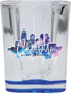 R and R Imports Charlotte North Carolina Design B Souvenir 2.5 Ounce Shot Glass Square Blue Base Single