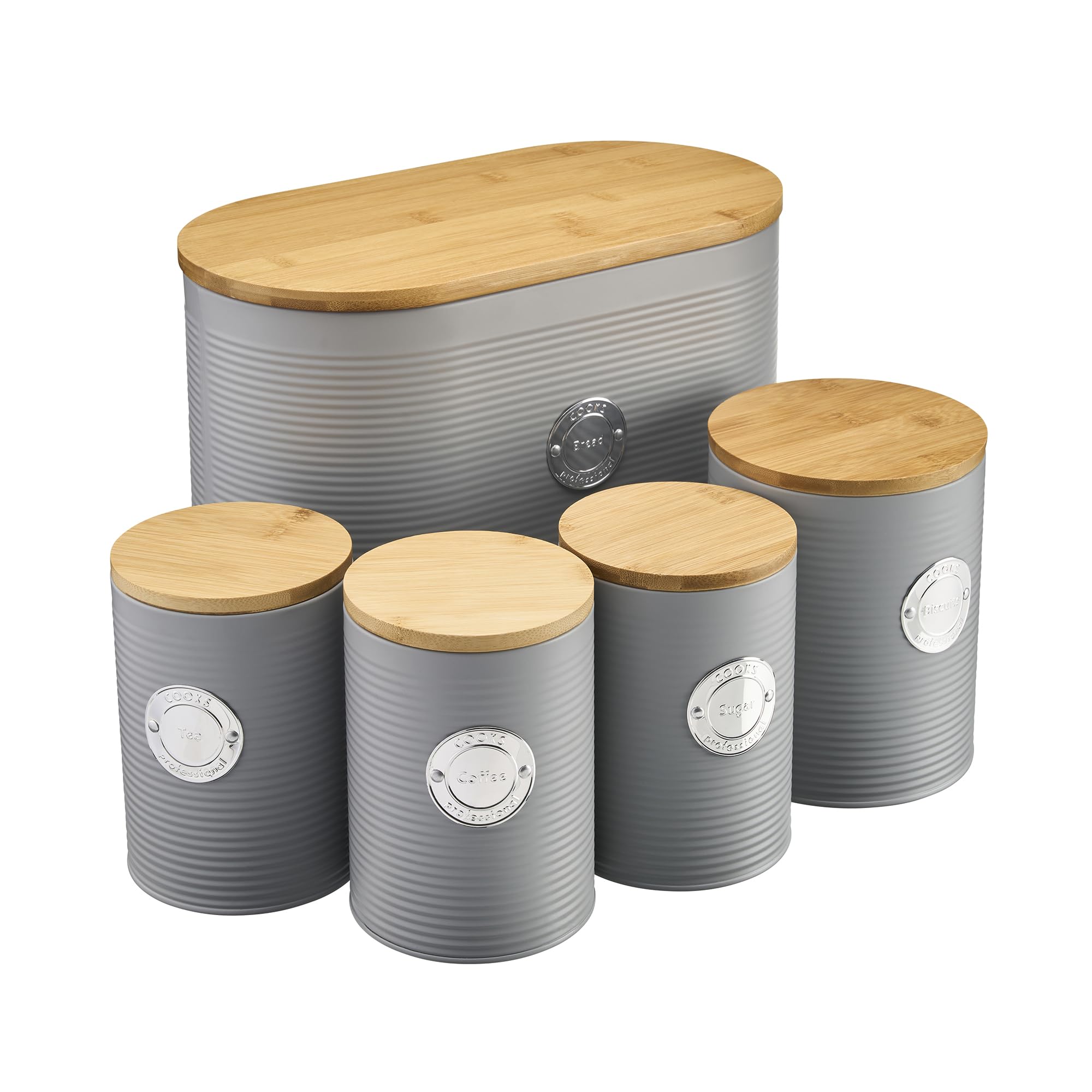 Cooks Professional 5pc Grey Ribbed Tea Coffee Sugar Bread Biscuit Storage Bins with Bamboo Lids