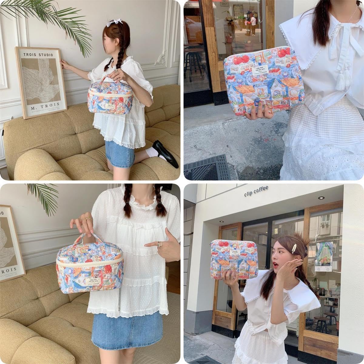 Makeup Bag Travel Essentials Quilted Cosmetic Toiletry Pouch Organizer Insert for Women Dorm Room Essential Gift Large Capacity Opening Lightweight Cute Aesthetic Portable 2PCS (Rabbit) - Image 2