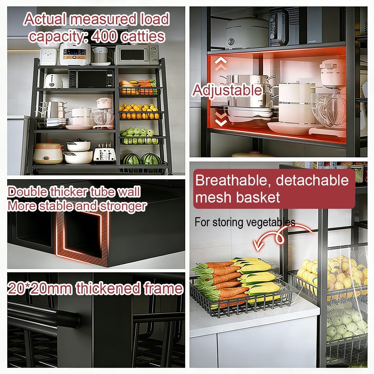 Carrito de almacenamiento rodante resistente, organizador de varios niveles con cestas de malla, estantes extraíbles para despensa de cocina, comestibles, aperitivos, 90 x 32 x 108 cm