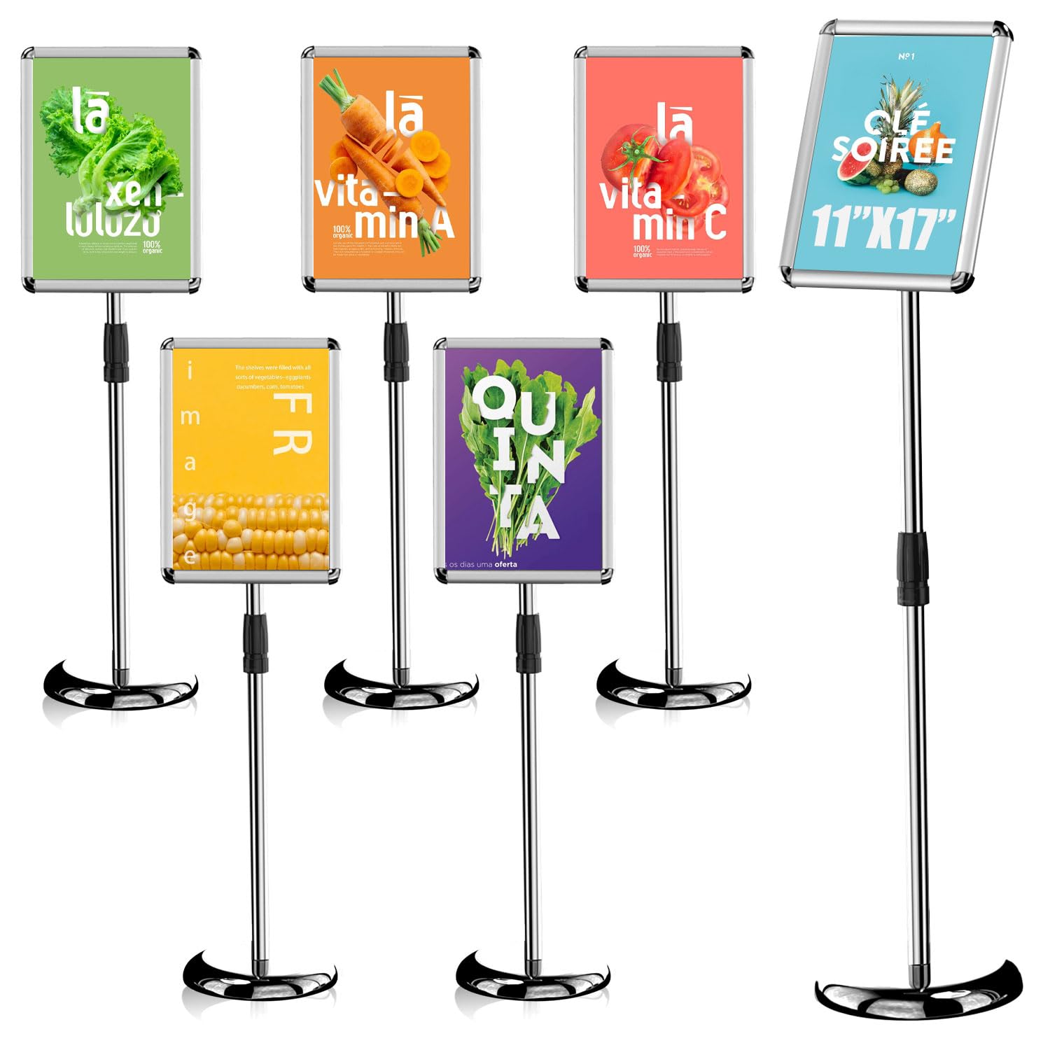 Photo 1 of AceShow Adjustable Pedestal Stand Holder, Outdoor Indoor Sign Stand, Floor Display Stand Holder, 11x17 Inch Iron Sign Stand Poster Frame Sign Holder for Vertical and Horizontal View, Silver (6 Pack) Sliver 11×17 - 6 Packs