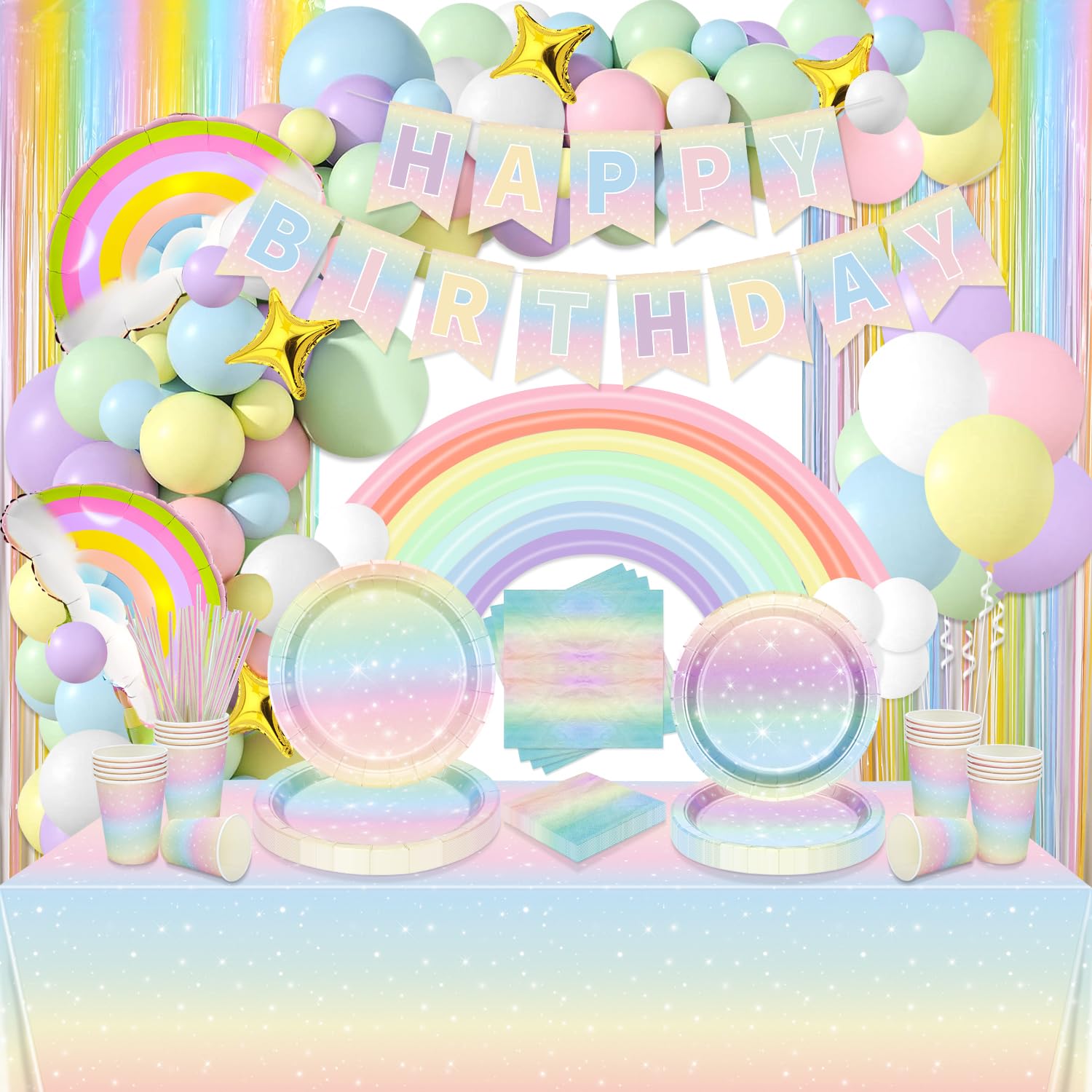 Set Decorazioni Festa Compleanno Arcobaleno, Banner Scritta Happy Birthday, 2 Ghirlande Di Bandierine In Feltro E 12 Palloncini In Lattice, Tema Messicano Per Feste Di Compleanno
