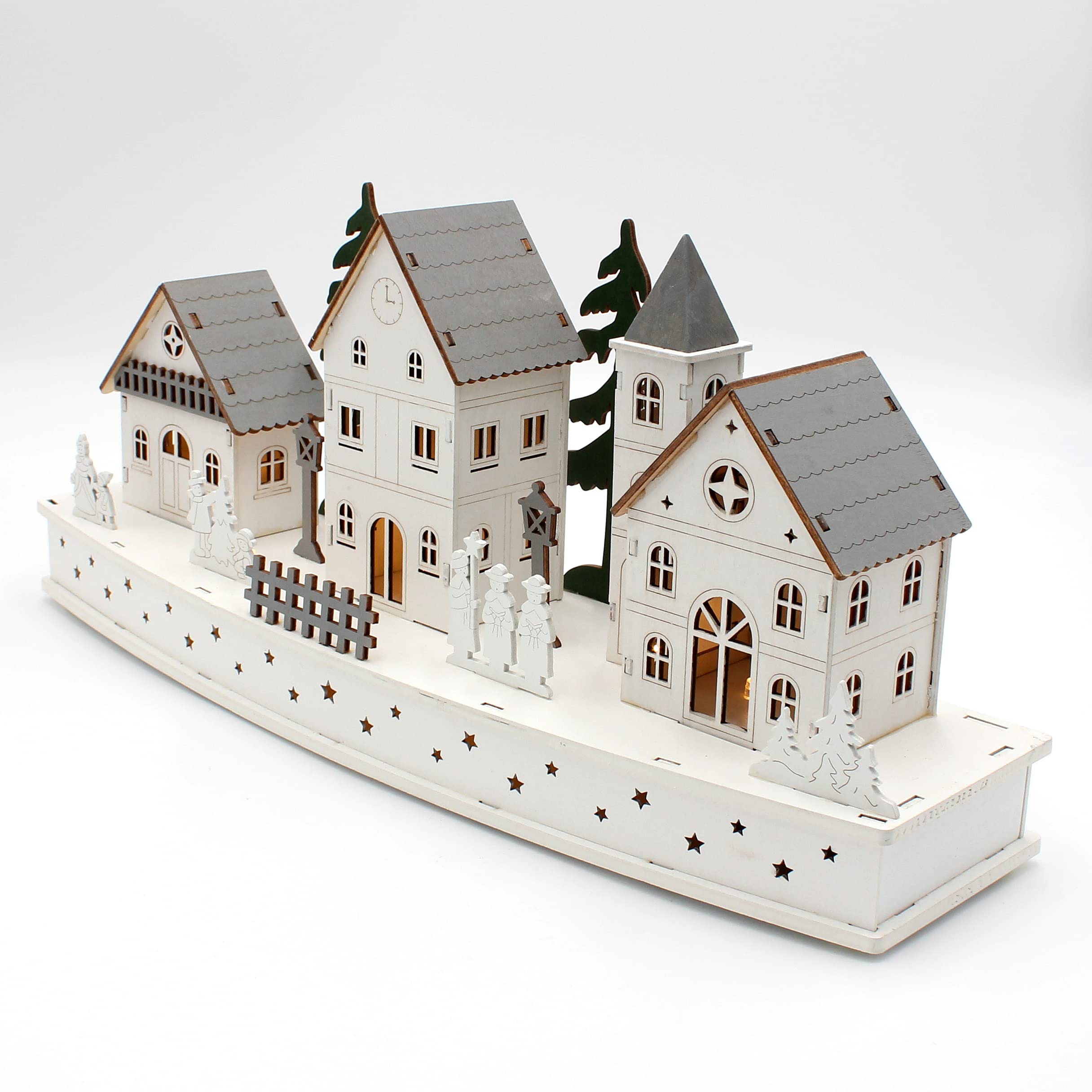 Dekohelden24 Winterszene aus Holz mit LED, Weiß mit Grau und Grün, Größe L/B/H 12 x 44 x 19 cm