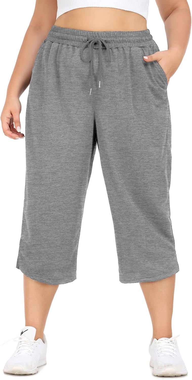 COOTRY Plus Size Capris for Women Loose Drawstring Yoga Workout Sweat Pants with Pockets