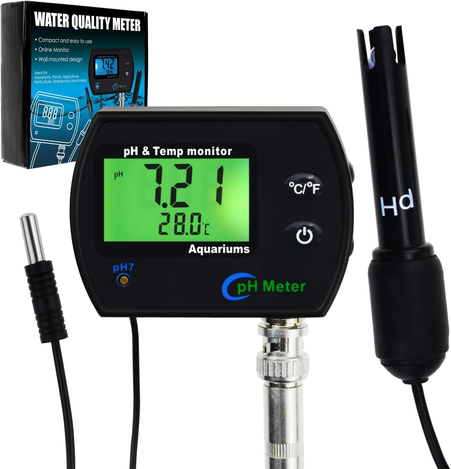PH & Temperature 2-in-1 Continuous Monitor Meter w/Backlight Replaceable Electrode, Dual Display 0.00~14.00pH °C/ °F Water Quality Monitoring Kit, for Aquariums Hydroponics Pools Tanks Spa