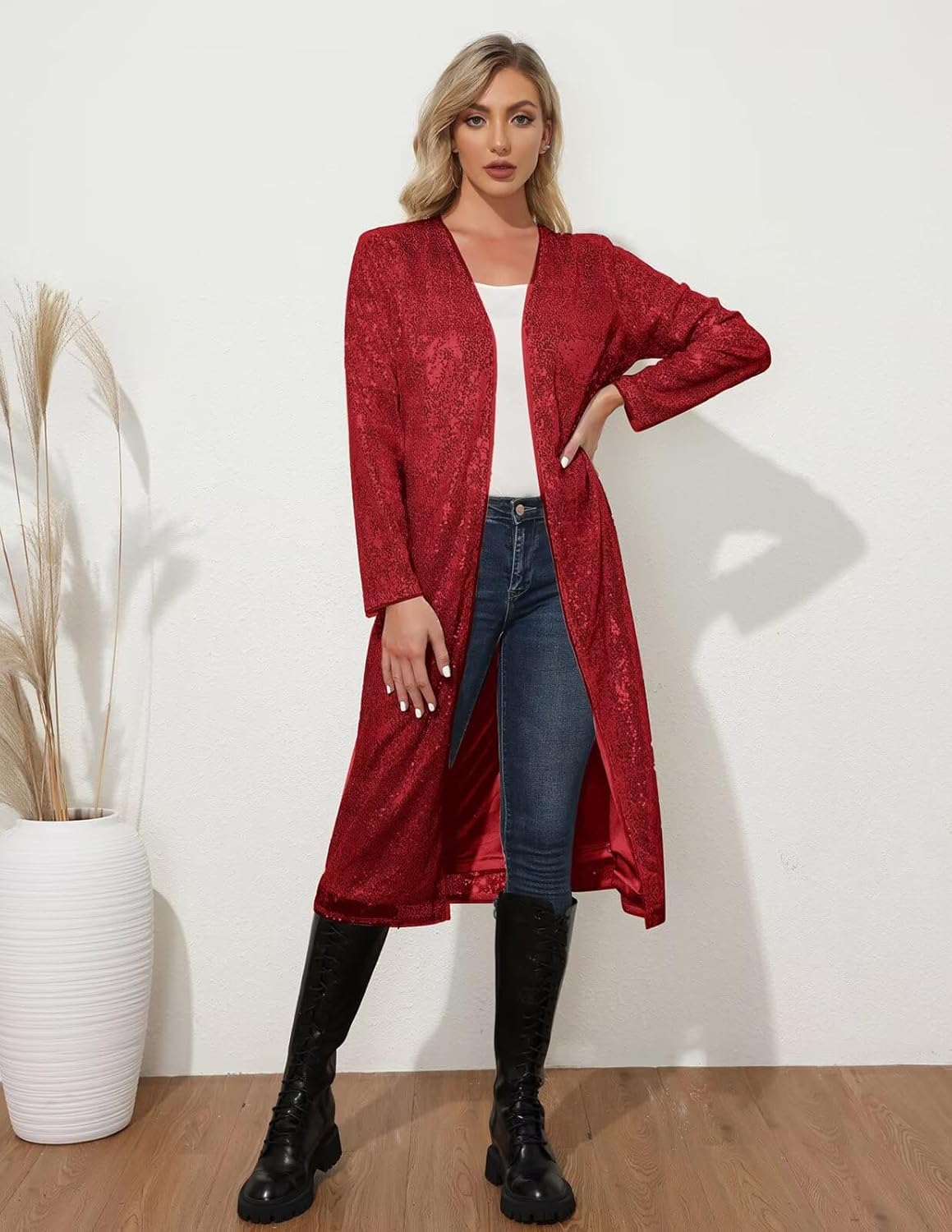 KANCY KOLE Women's Long Sequin Jacket, Sparkly Open Front Evening Blazer, Glitter Formal Clothes Cocktail Wedding Party - Image 2