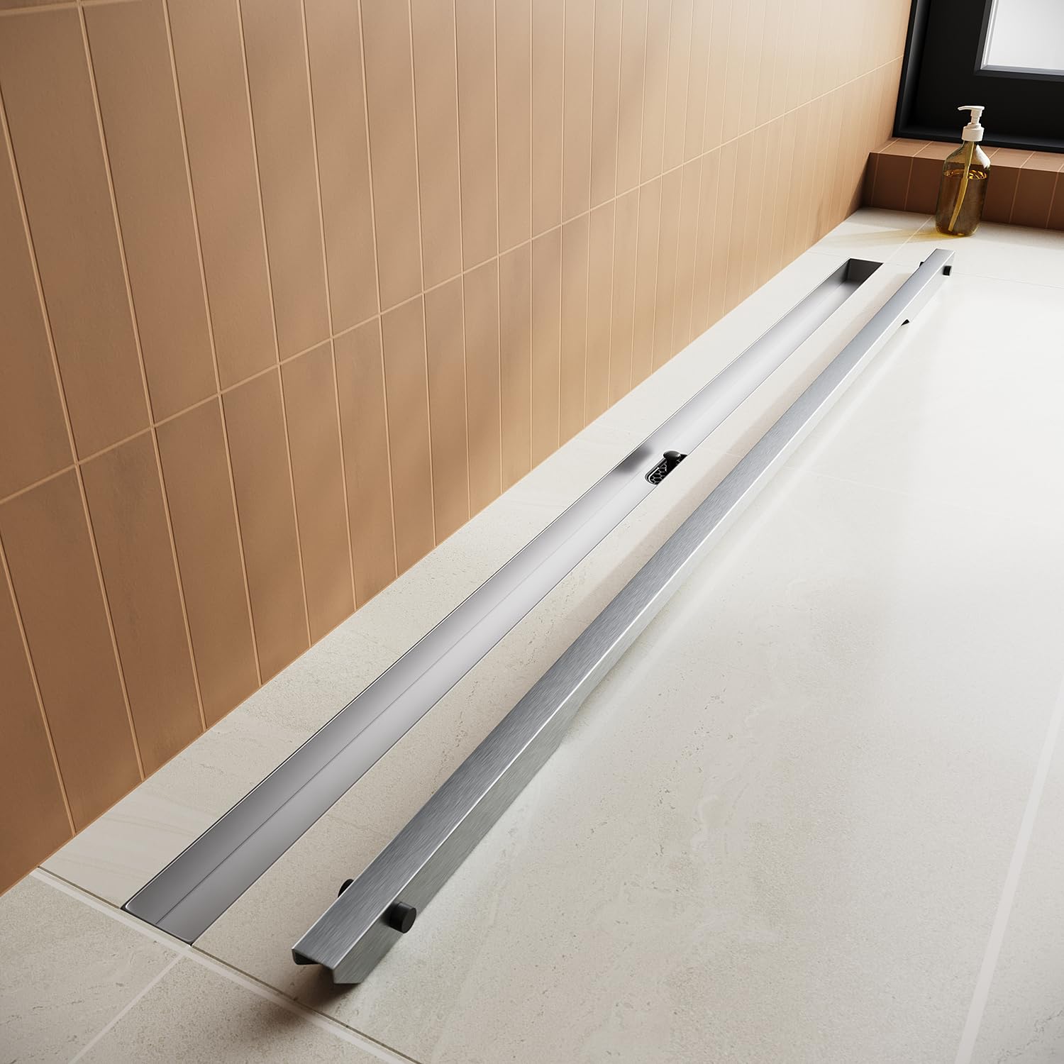 Canalina per doccia, 90 cm, in acciaio inox, set completo, con sistema antiodore e filtro per capelli a 360°, ultra sottile
