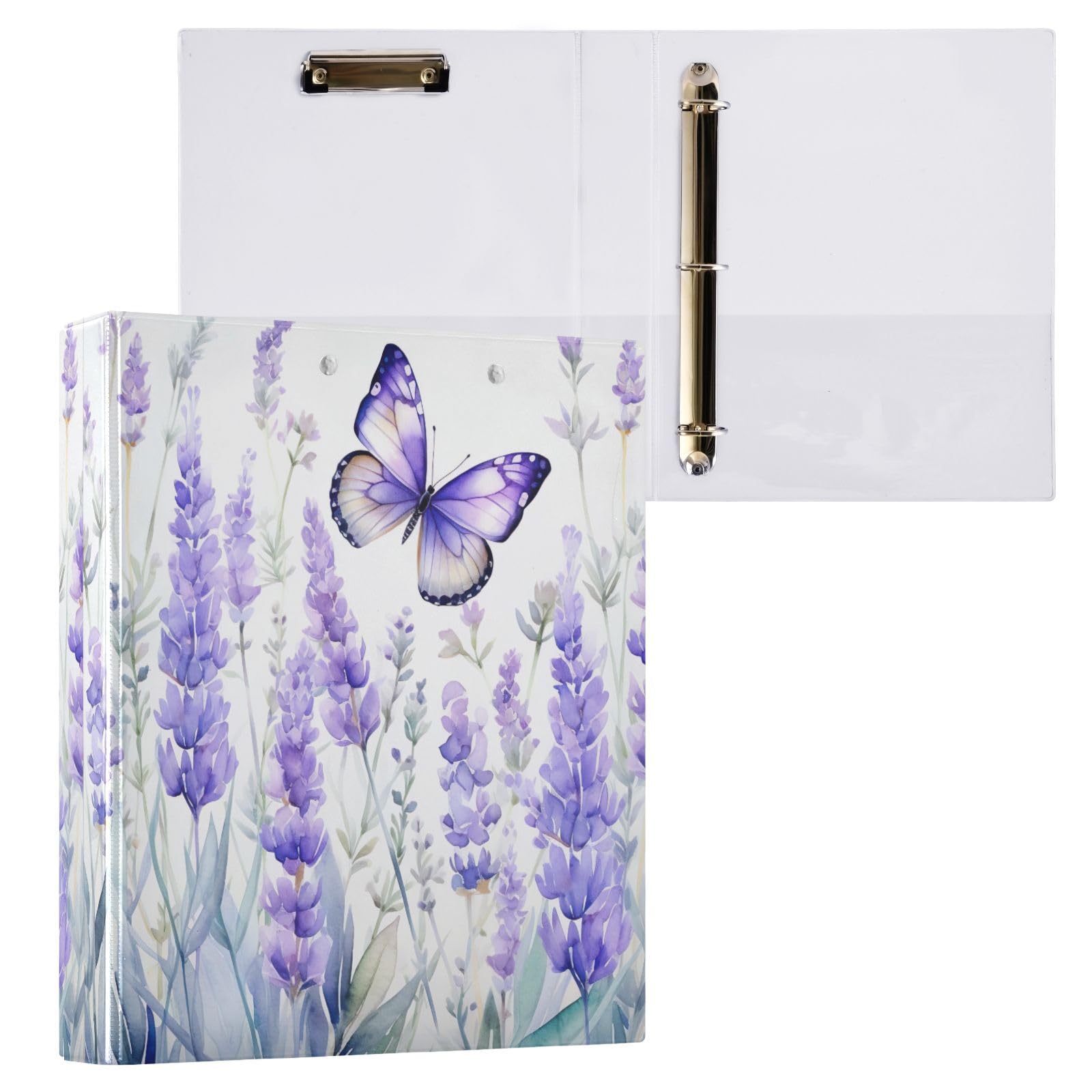 Raccoglitori a 3 anelli, 3,8 cm, color lavanda e farfalla, rotondi, con clip in metallo, organizer per casa e ufficio, confezione da 2