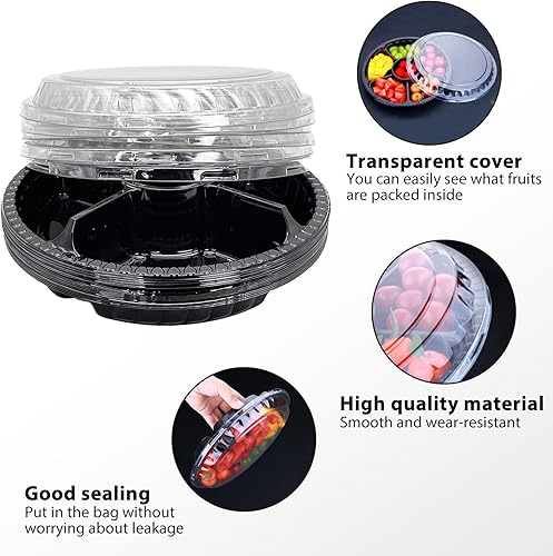 Miniatura 5 de Apatal 12 bandejas desechables para frutas, bandeja redonda de plástico para servir aperitivos con tapa, 6 compartimentos, recipientes divididos de