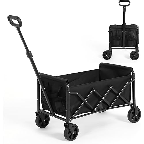 Folding Wagon Cart with Wheels, 70L Heavy Duty Foldable Utility Wagon, Portable Grocery Cart for Camping, Sports, Garden, Beach, Shopping, Black