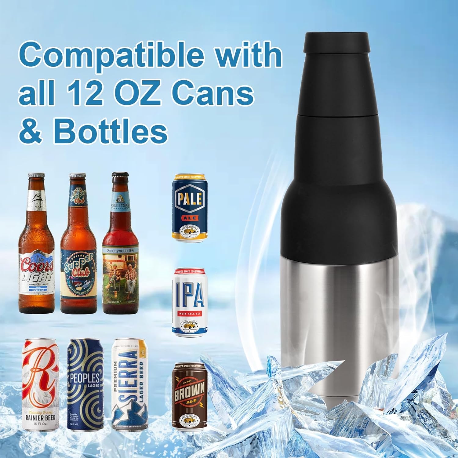 12oz Universal Beer Bottle Holder Double Walled SS Beer Bottle Cooler 3 in 1 Can Koozie with Beer Opener Vacuum Insulated - fit Fishing,Camping Outdoor Activities and Nice Gift for Men(Silver) - Image 2