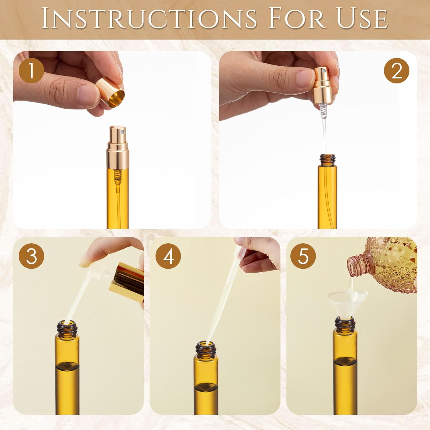 Domensi 60 Pcs 10ml Amber Glass Refillable Bottles for Essential Oils Aromatherapy Skincare, Refillable Fine Mist Atomizer Spray Bottle for Facial Mist, Serum, Travel DIY Perfume Use