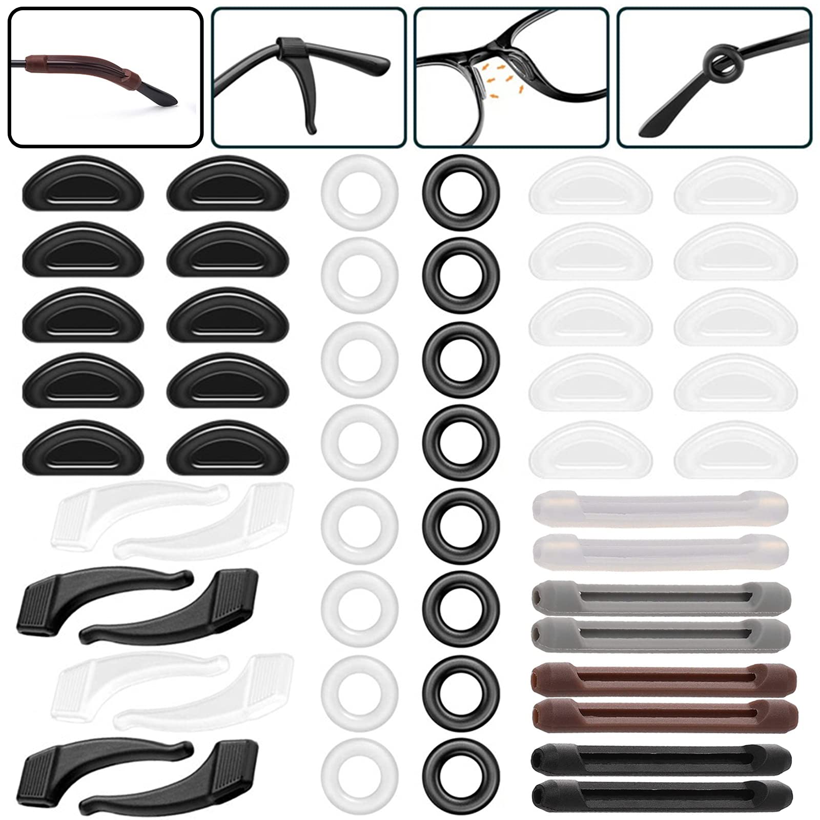 VEGCOO 26 pares de gafas antideslizantes de silicona con gancho para las orejas, almohadillas adhesivas para la nariz, lentes para la nariz, puntas de las sienes, retenedor de manga, soportes para