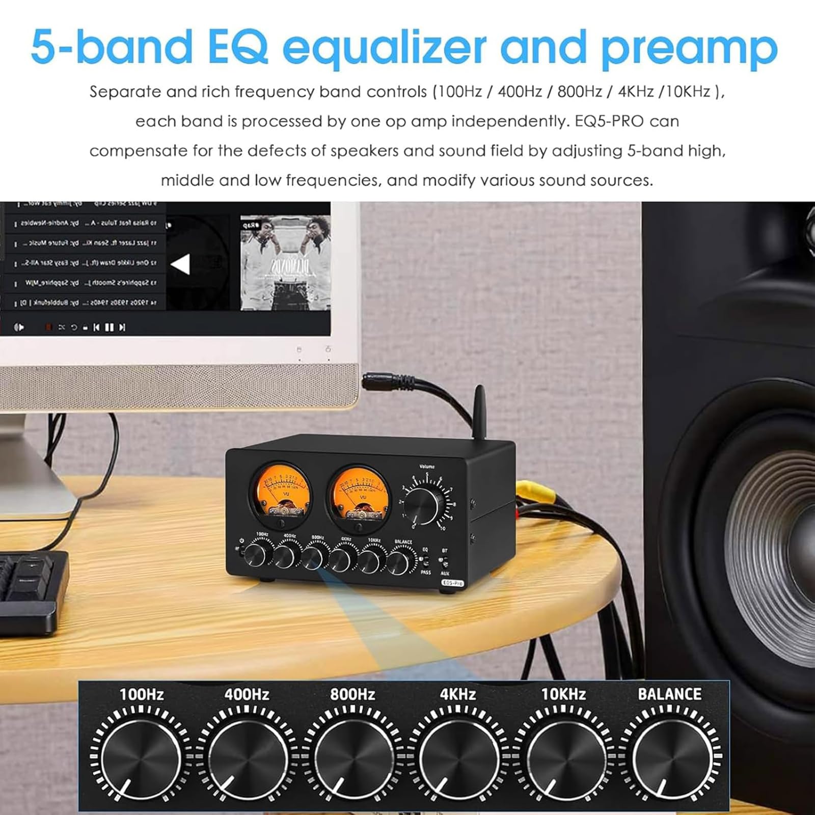 Égaliseur Audio 5 Bandes, Préamplificateur Stéréo Bluetooth, avec Affichage VU Meter Et Contrôle De Balance des Canaux, RCA 3,5 Mm AUX, pour Chaîne Stéréo Domestique