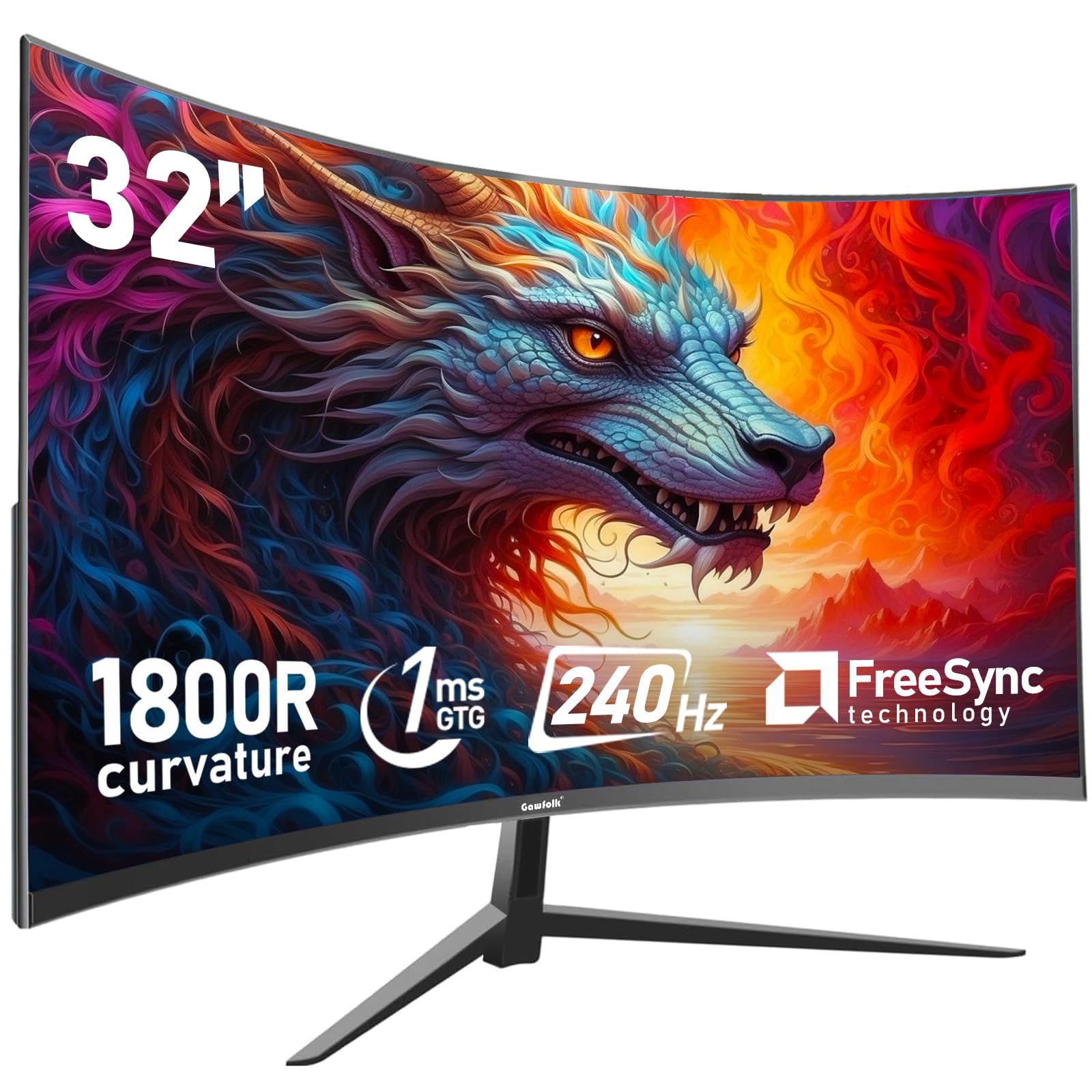 Gawfolk Curved 32 inch Gaming Monitor 240Hz PC Screen Full HD 1080P Frameless 1800R Curved Computer Screen FreeSync