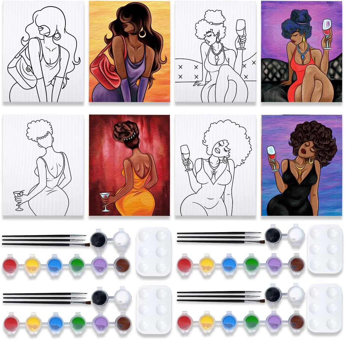 VOCHIC 4 Pack 8x10 Pre-Drawn Canvas Painting Kit for Adults - Chic Girl Art Set, 8 Acrylic Colors, 3 Brushes, Pallet - Paint & Sip Party Supplies