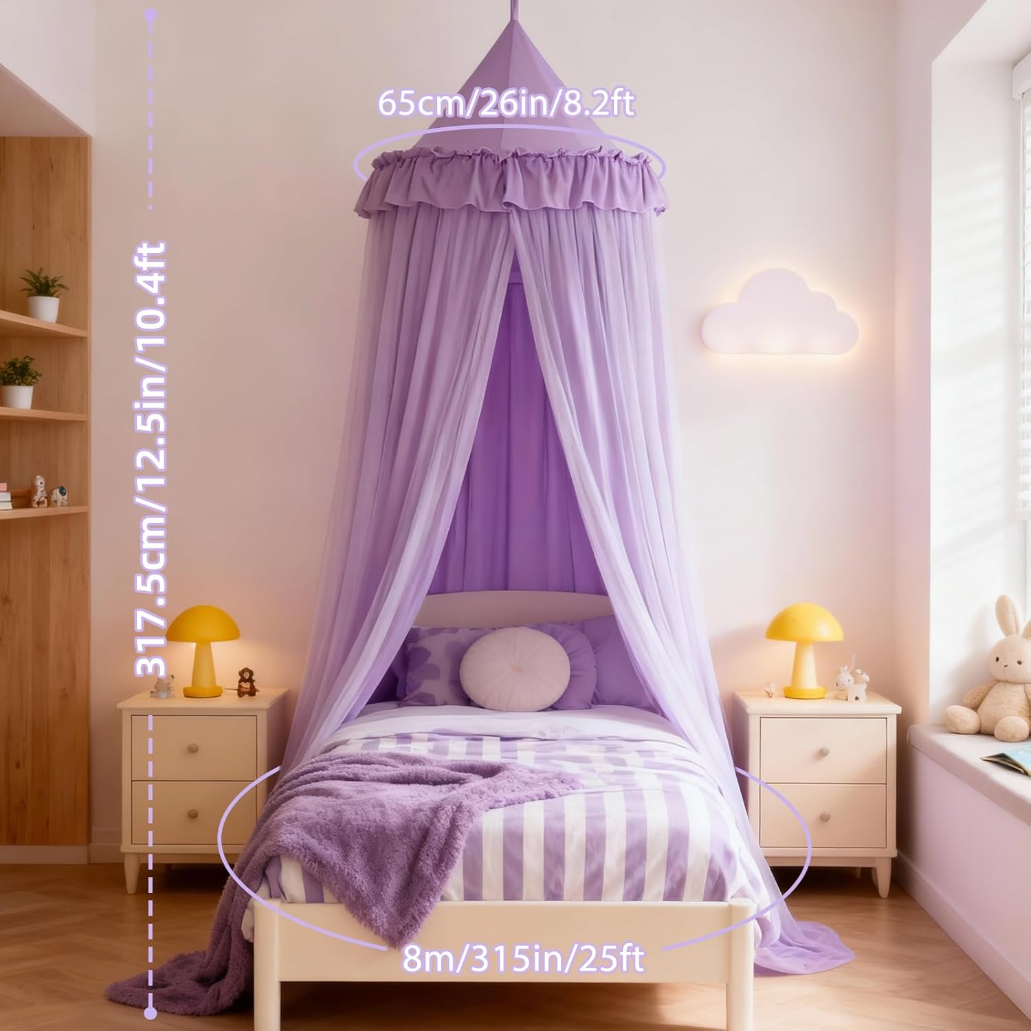 Bed Canopy with Star Lights, Double Layer Bed Canopy for Girls, Princess Canopy Bed Curtain for Twin Bed, Breathable Kids Dreamy Play Tent Castle Reading Nook, Machine Washable, 26''x125'' - Pruple