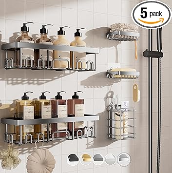 Veken Adhesive Shower Caddy 5-Pack,Heavy Weight Bearing,Large Wall Mounted Shower Shelves Rack,Organizer Storage Accessories with Soap Dish&Toothbrush Holder,Ideal for Bathroom,Home&Kitchen,Silver