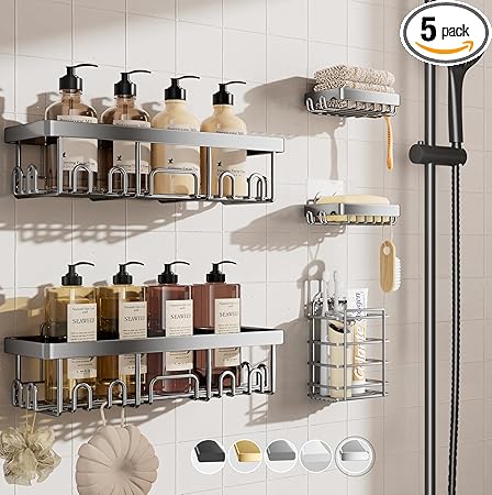 Veken Adhesive Shower Caddy 5-Pack,Heavy Weight Bearing,Large Wall Mounted Shower Shelves Rack,Organizer Storage Accessories with Soap Dish&Toothbrush Holder,Ideal for Bathroom,Home&Kitchen,Silver