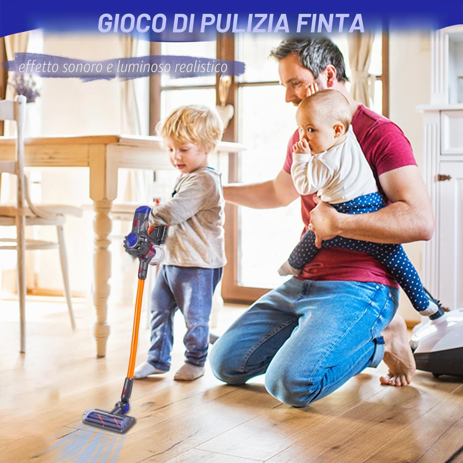 Goolsky Aspirapolvere giocattolo Vacuum 3 in 1 aspirapolvere per bambini che funziona davvero, aspirapolvere senza fili, giocattolo interattivo per bambini