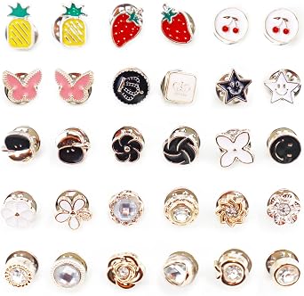 Women Shirt Brooch Buttons, LEEFONE 30 PCS Mini Cover up Button Pins, Cute Enamel Lapel Pin Set, Cardigan Collar Safety Brooch Buttons for Women Clothing Dress Supplies DIY Crafts Style 1