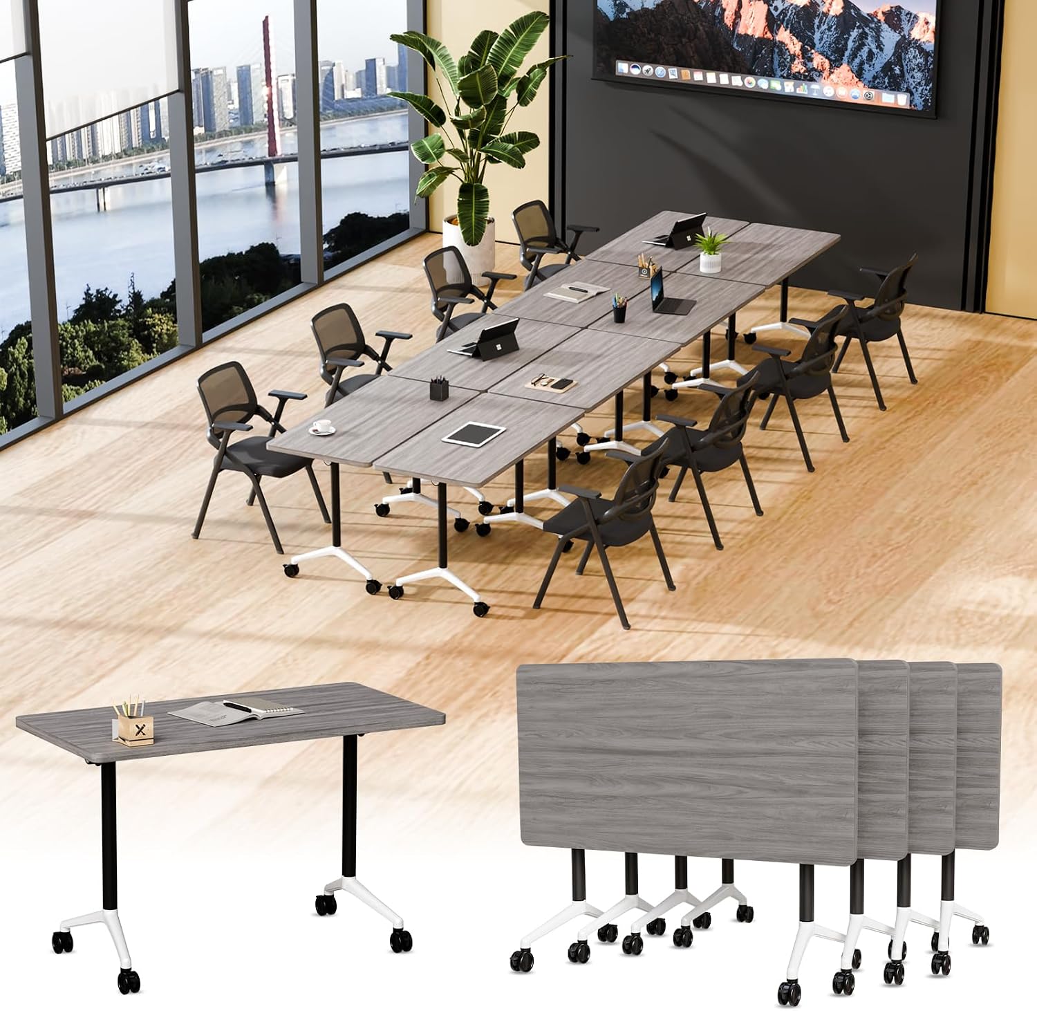 Modular Conference Room Table,55.1IN Folding Conference Tables with 360° Silent Lockable Wheels,Flip Top Mobile Training Table for Office Classroom Seminar, Gray, 4 Pack