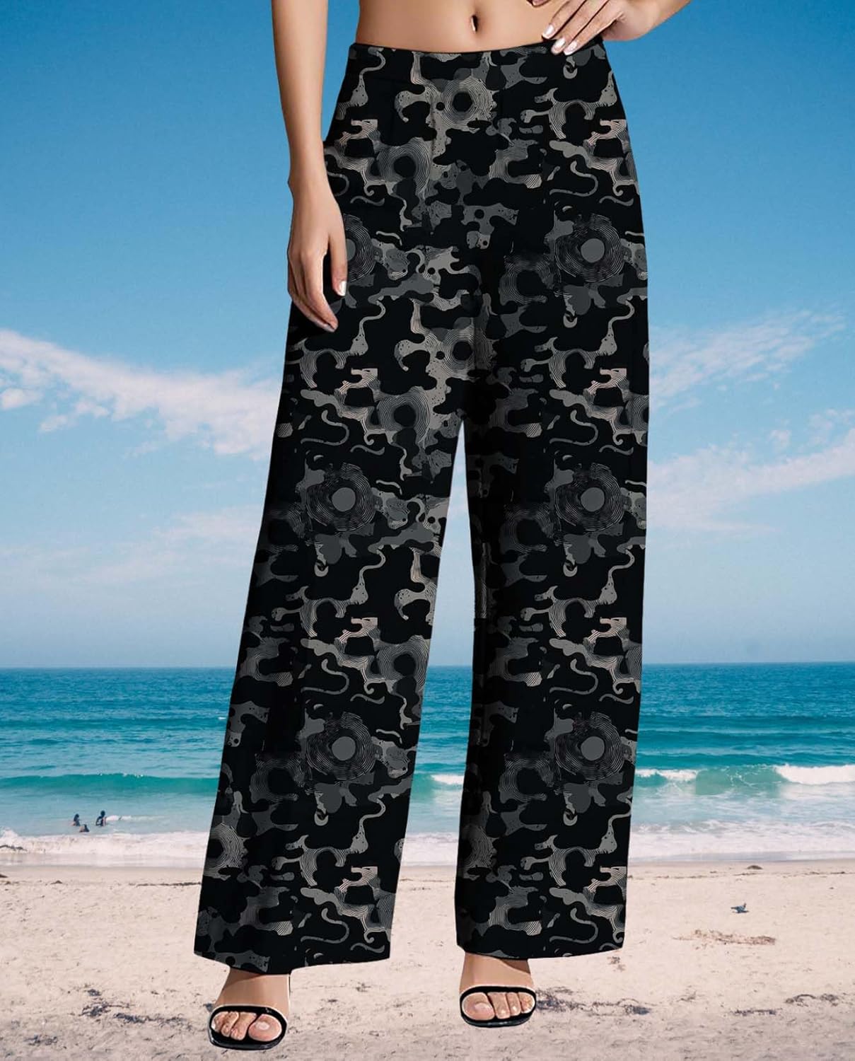 Womens Wide Leg Pants Plus Size High Waisted Pattern Print Lounge Trousers Classic Basic Comfy Work Office Pant - Image 3