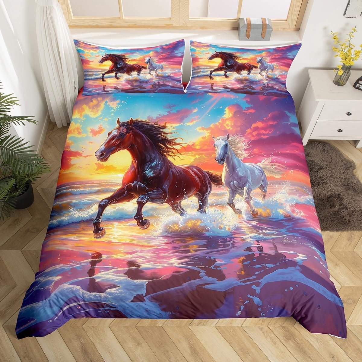 Castle Fairy Running Horse Duvet Cover Set Toddler Size Western Style Animal Bedding Set 2pcs for Kids Beach 3D Sea Wave Comforter Cover Sunny Sky Scenery Quilt Cover,1 Pillowcase(Not Comforter)