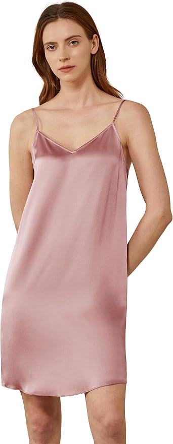 Mommesilk 100% Silk Nightdress for Women Sexy V Neck Back Silk A-line Slip Dress Sleep Nightwear Bias Cut