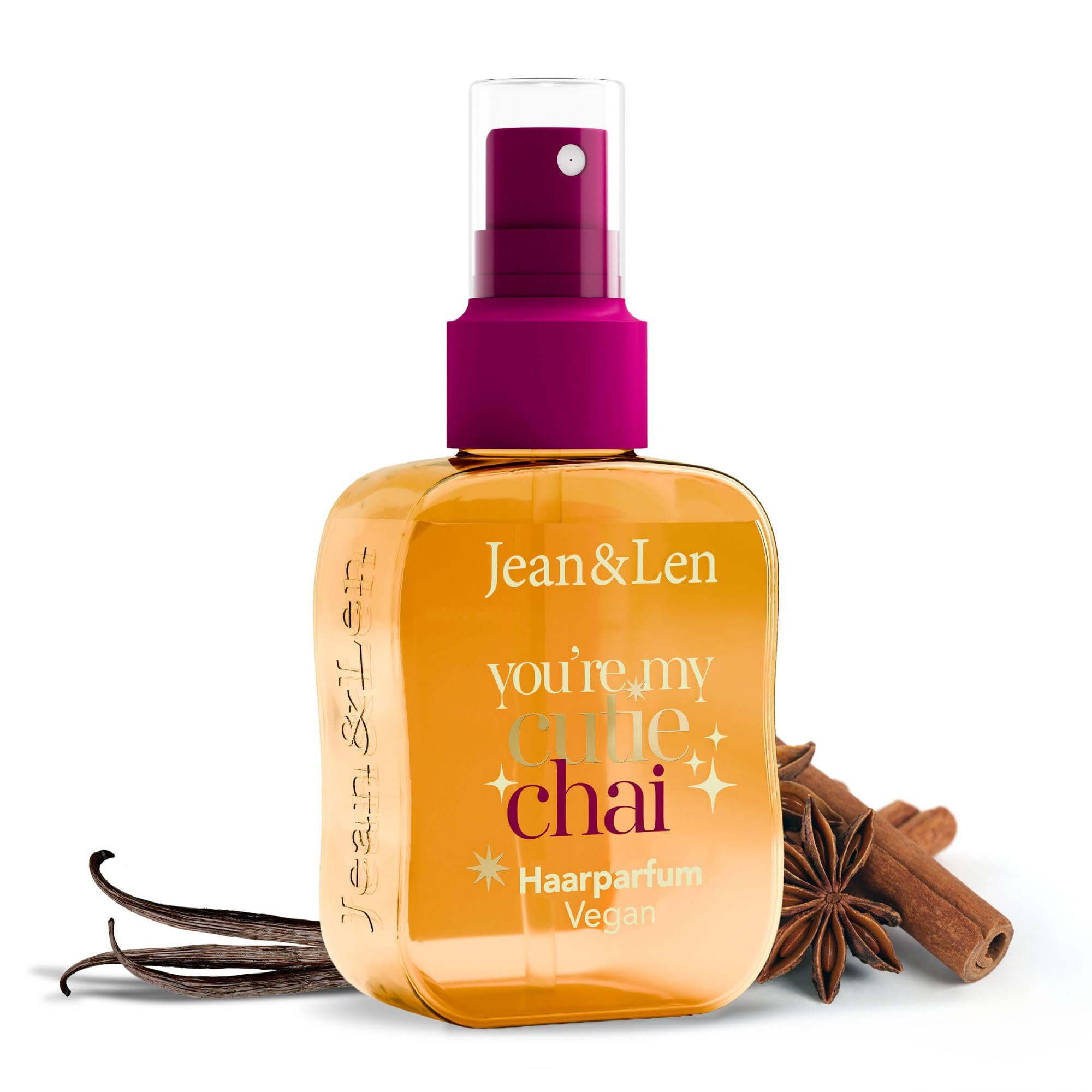 Jean & Len Parfum capillaire You're My Cutie Chai, formule nourrissante aux acides aminés & panthénol, parfum hivernal d'épices chai, vanille & orange, aux paillettes dorées, végane, 105 ml
