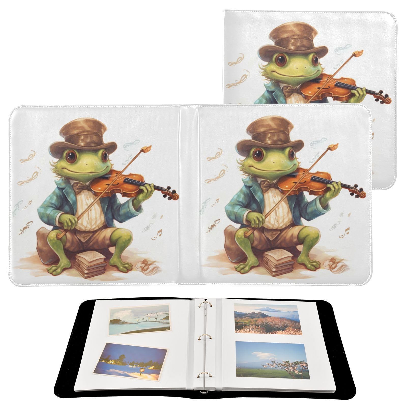 JIPONI Frog with Violin Large Photo Album, DIY Leather Cover Scrapbook Albums for 4x6 5x7 6x8 Pictures, Self Adhesive Memory Book for Wedding, Baby, Family