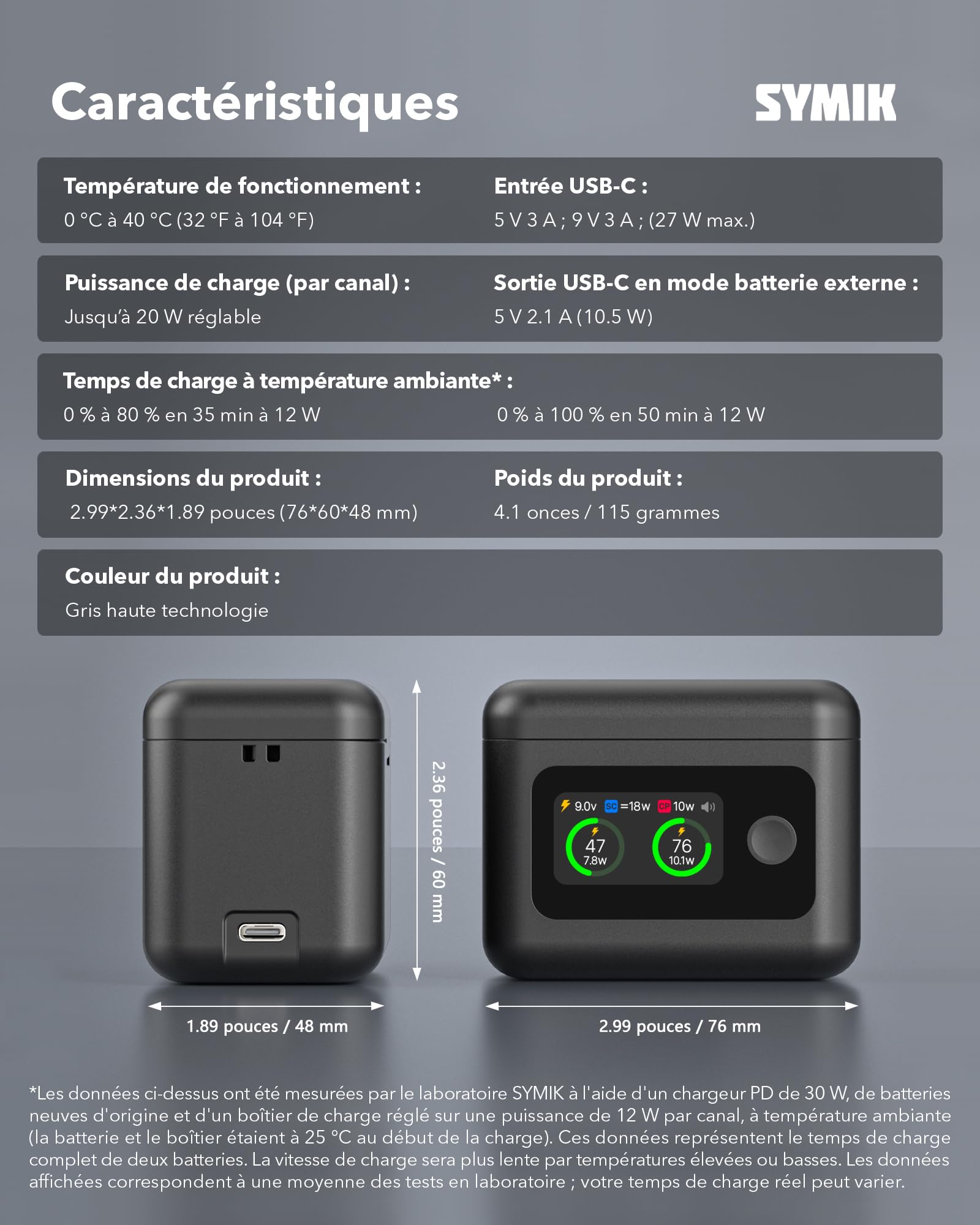 SYMIK Chargeur de Batterie pour Insta360 X4 Air, Boîtier Charge Rapide 27W | Double Slot avec Écran LCD, Hub de Charge Intelligent Bidirectionnel pour Batterie 360 X4 Air, Affiche le SOC de la Batterie