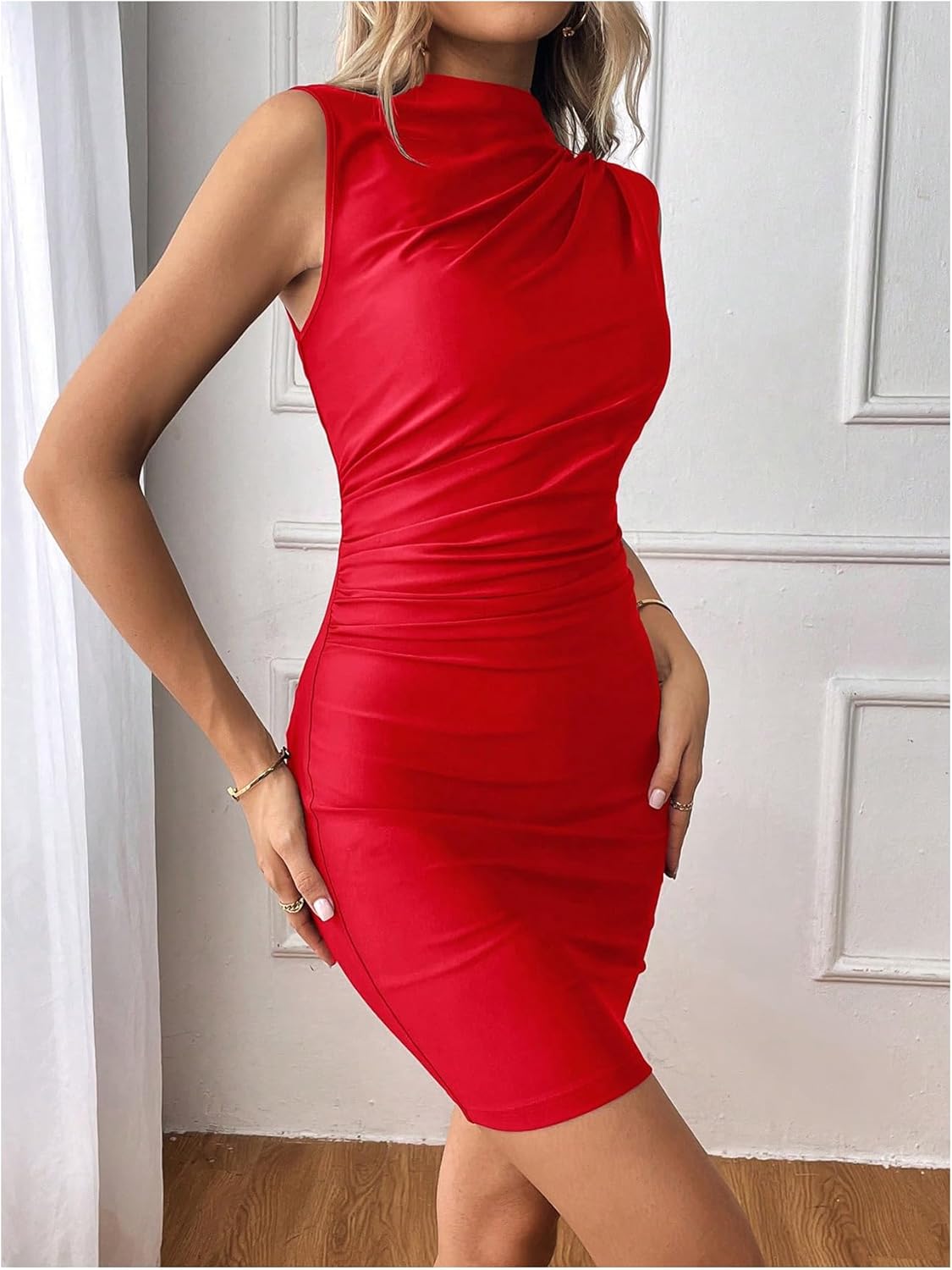 Milumia Women's Sexy Ruched Mock Neck Dress Sleeveless Bodycon Pencil Party Club Mini Dresses - Image 3