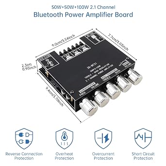 Bluetooth Power Amplifier Board with Subwoofer 2.1 Channel 50W x 2+100W DC 12V-24V Audio Power Amplifier Module for DIY Bluetooth Audio and Store Home Theater with Treble and Bass Control