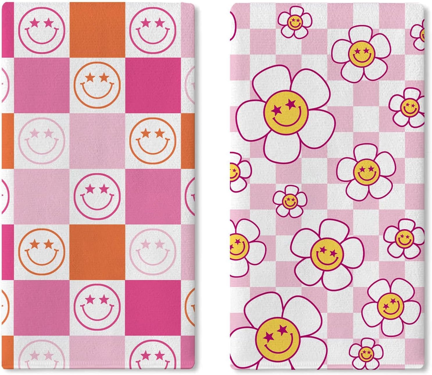 Smiley Face Daisy Flower Kitchen Dish Towels Set of 2 | Retro Groovy Hippie Floral Smile Drying Hand Towel Baking Cooking Cloth, Pink Checkered Smiling Bathroom Home Decoration