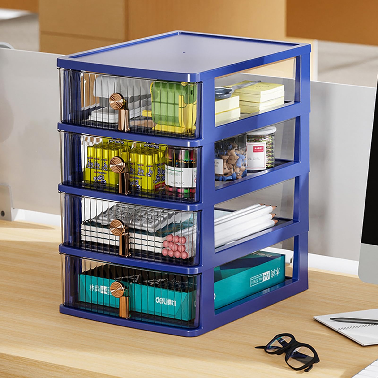 Cassettiera da scrivania con 4 cassetti in plastica trasparente, ideale per artigianato, forniture e accessori per ufficio, cassettiera compatta (13,5 x 17,5 x 22,5 cm), blu
