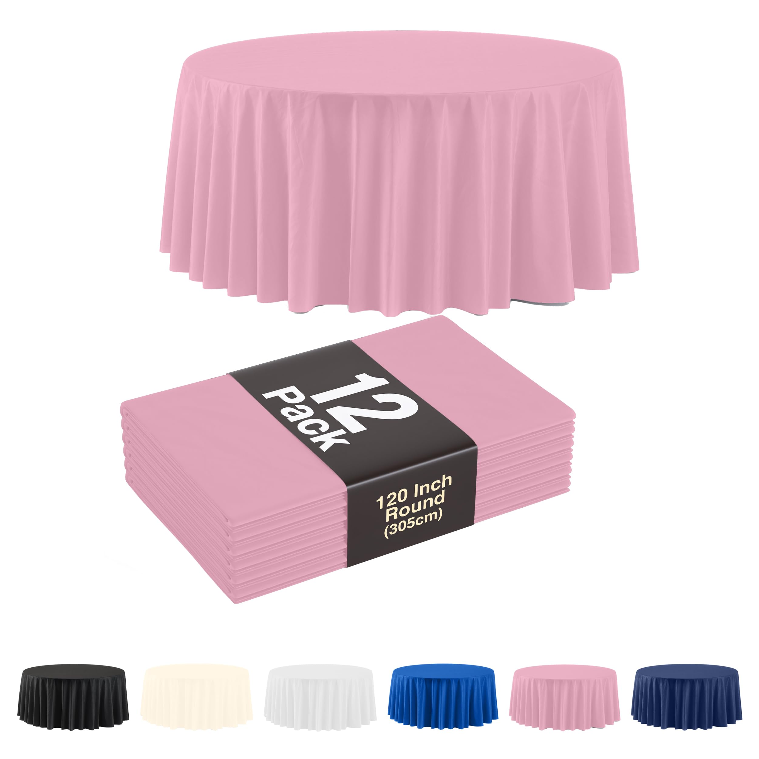 Exquisite Pack of 12 Pink Plastic Table Cloth - Size: 120 Inch Round Tablecloth for Parties - Ideal for for Birthdays, Parties, Summer & More