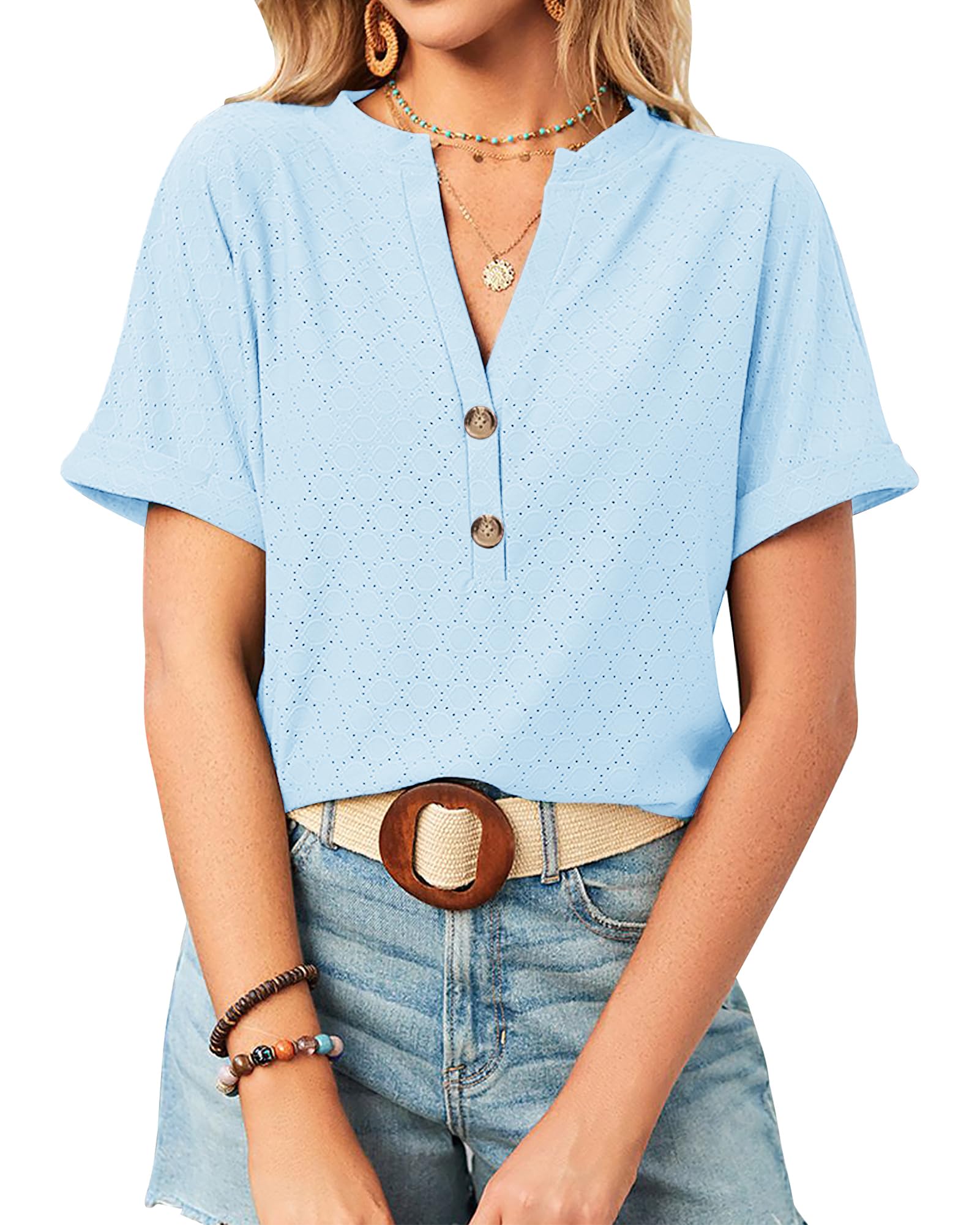 BellaDila Mujeres Primavera Verano Top con Ojales Manga Corta Cuello en V Camisetas Casual Lindo Botón Túnicas Blusas de Mujer 2024