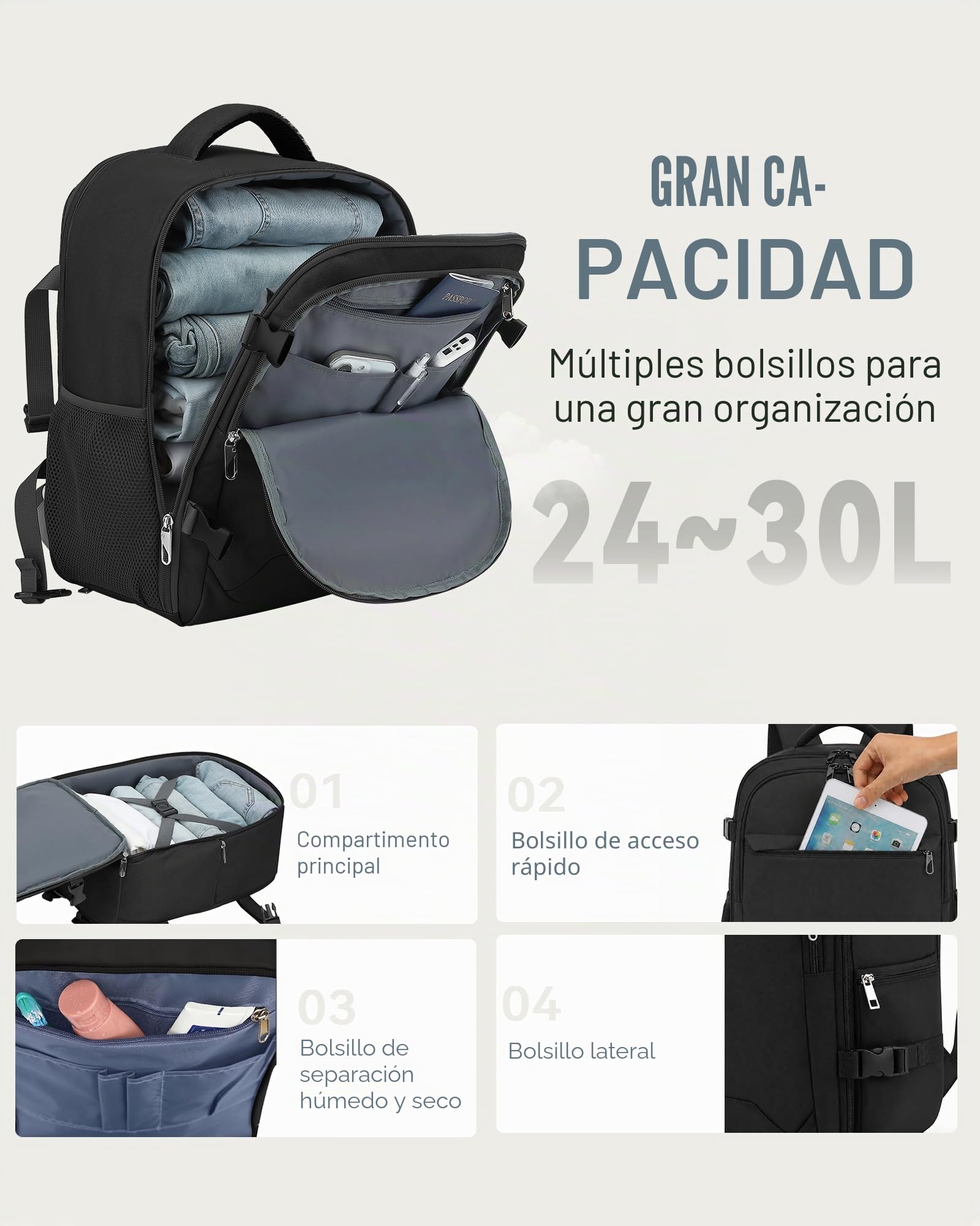 Mochila 40x30x20 para Ryanair Expande a 40x30x25 | 24L Ampliable a 30L Mochila Viaje Cabina Avion 40x20x25 Maleta con Bolsillo Antirrobo para Hombre y Mujer, Negro