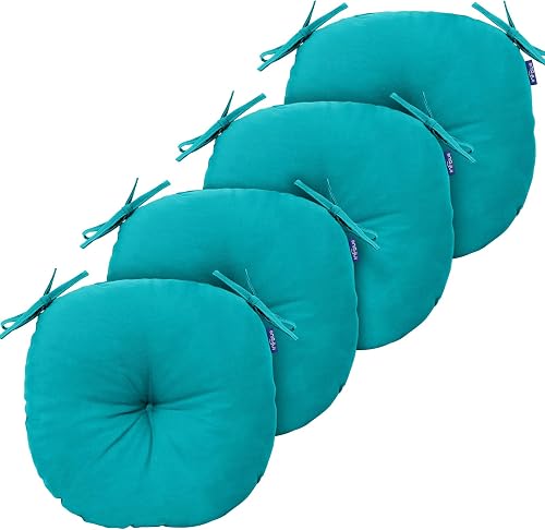 Outdoor Bistro Chair Cushion with Ties, Round Tufted Patio Chair Cushions, 15"x15" Set of 4, Water Resistant Round Seat Cushions for Barstool Chairs, Patio Furniture Cushions (Aqua Green)