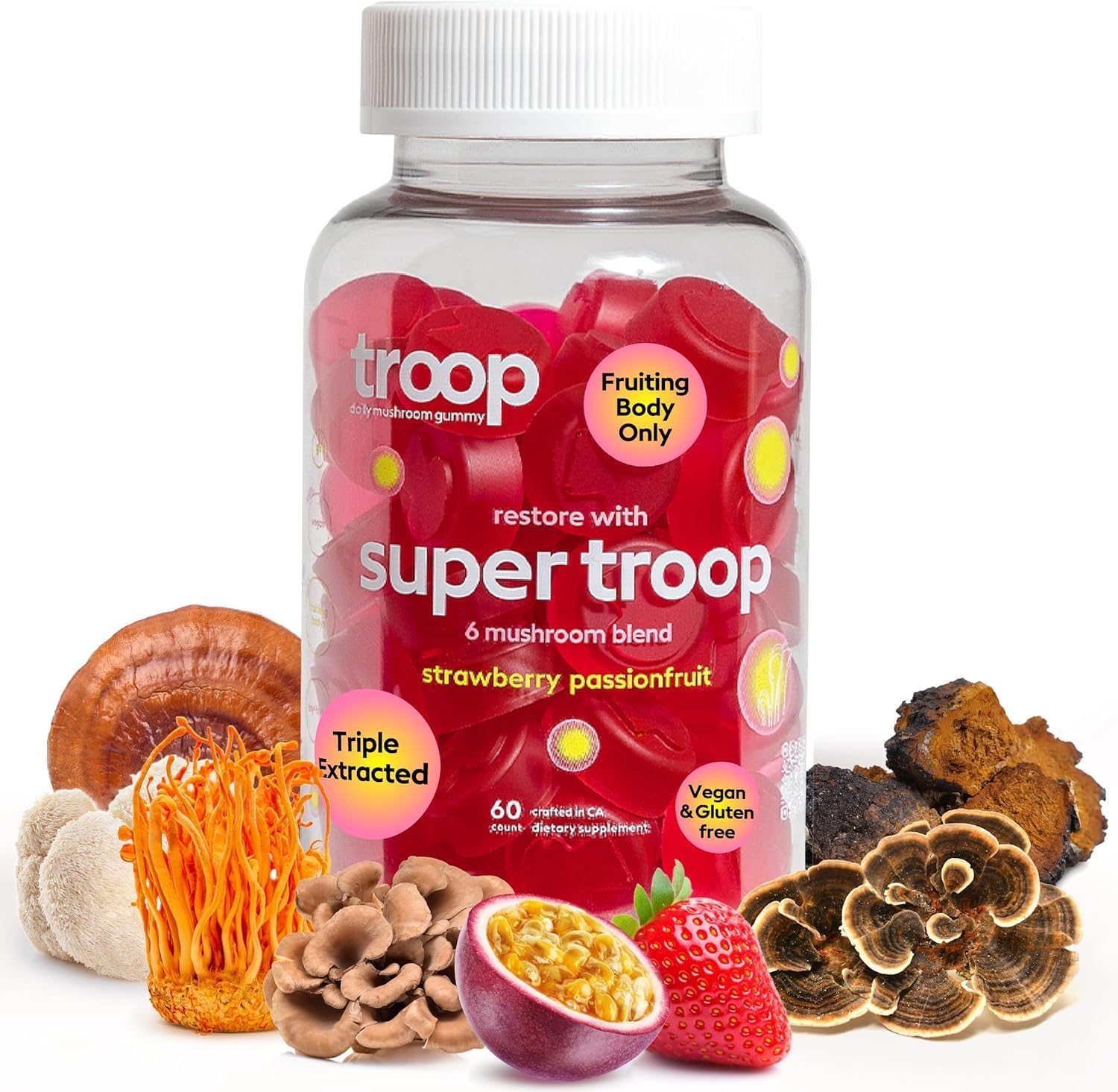 Troop Daily Super 6 Mushroom Blend For Immunity, Vitality, Mood, Balance, Gut Health, Energy Restorative Supplement With Triple Fruit Body Blend Extracted