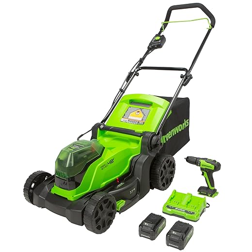 Greenworks 48V 17" Brushless Cordless Lawn Mower + 24V Brushless Drill / Driver, (2) 4.0Ah USB Batteries (USB Hub) and Dual Port Rapid Charger Included (2 x 24V)