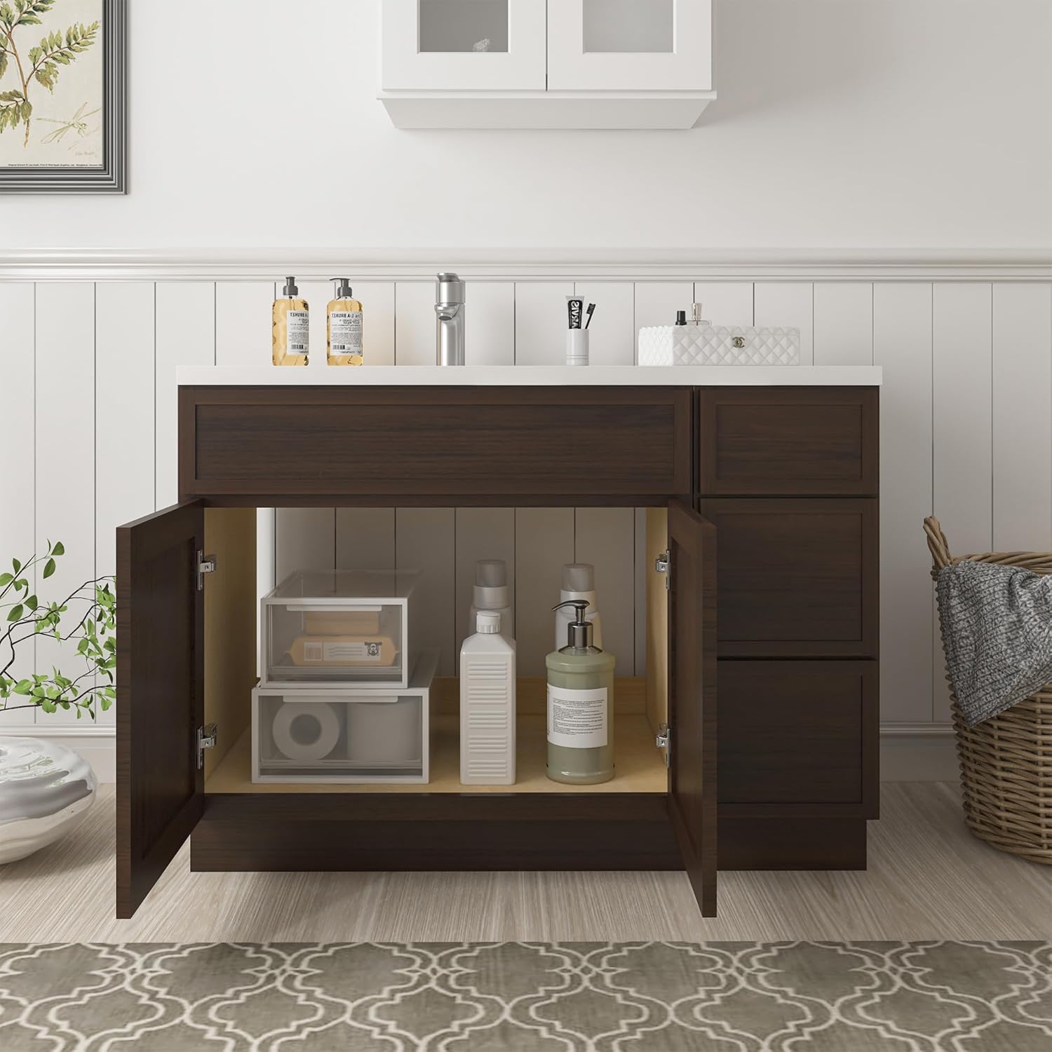 Vanity Art 45 Inch Unassembled Bathroom Vanity Without Top, Wood Bathroom Vanity Cabinet with Soft Closing Shaker Drawer, Sturdy Floor Mounted Cabinet Organizer 2-Door 3-Drawer, VA4145-33-12-3-BR