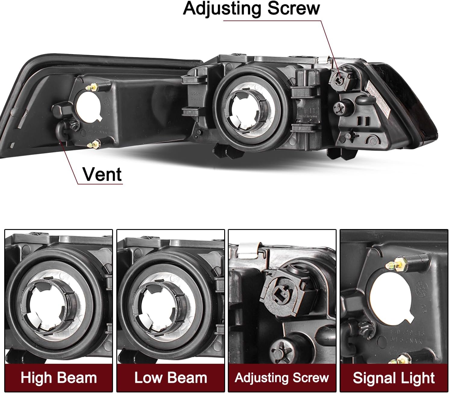 JSBOYAT Headlight Assembly Pair Fit for 1999-2004 Ford Mustang [Factory Halogen Type] OE Style Headlamp Replacement Pair (Black Housing & Clear Reflector)