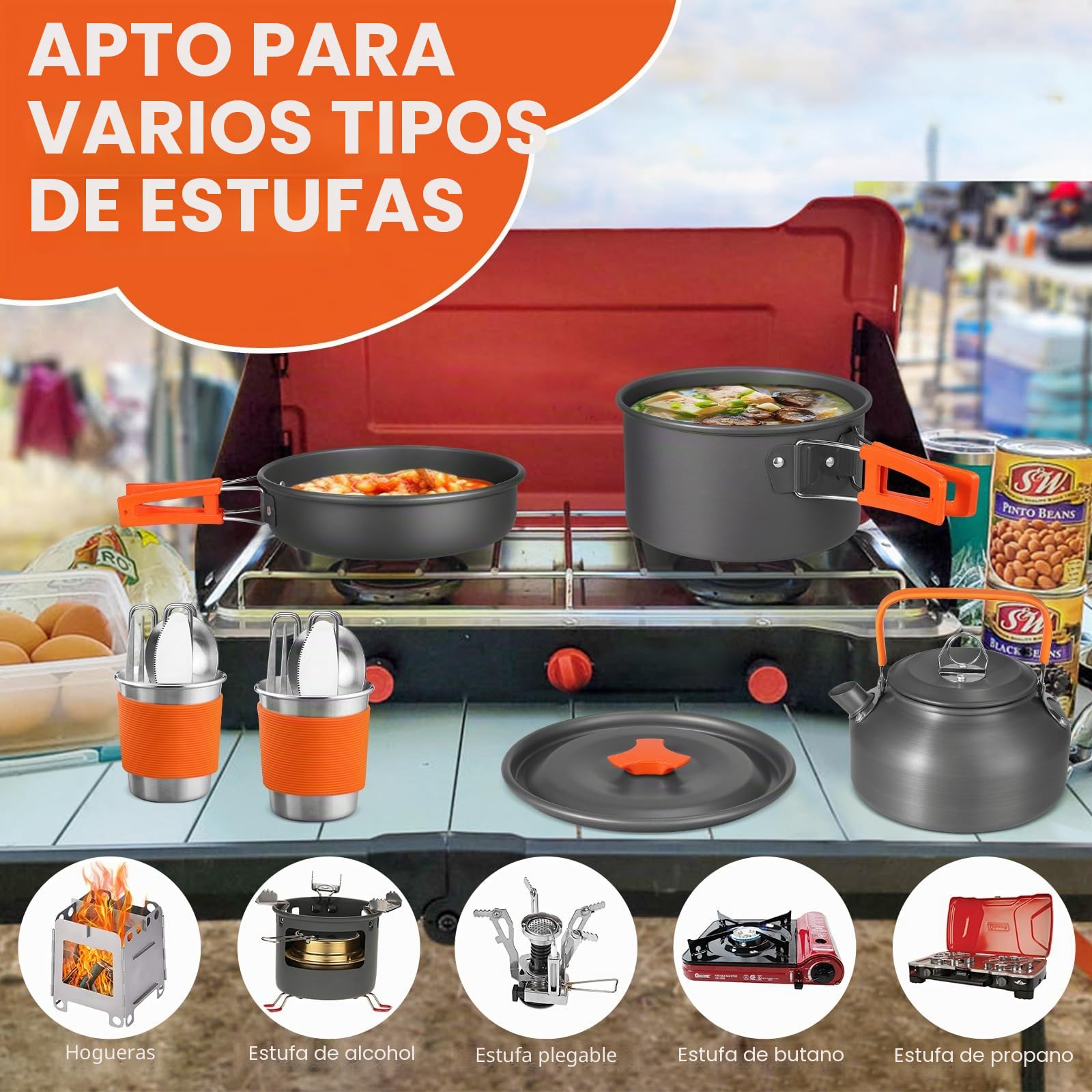 FUNYKICH 17PCS Utensilios Cocina Camping, Antiadherente Ligero Camping Ollas y Sartenes con Hervidor de Agua, Tazas de Acero Inoxidable, Tenedores Plegables Cuchillos Cucharas para Acampar